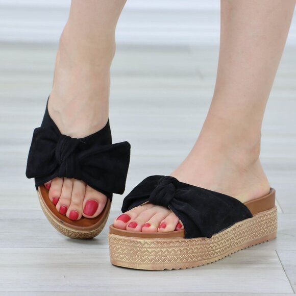 Suede Black Bow Comfort Platform Sandal Slip On Sliders - Picture 1 of 12